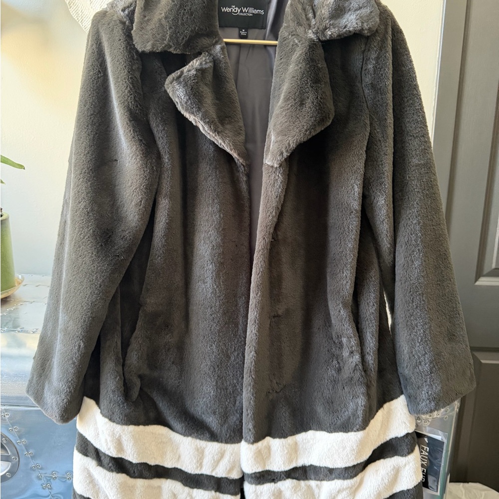 Gray and White Faux Fur Coat